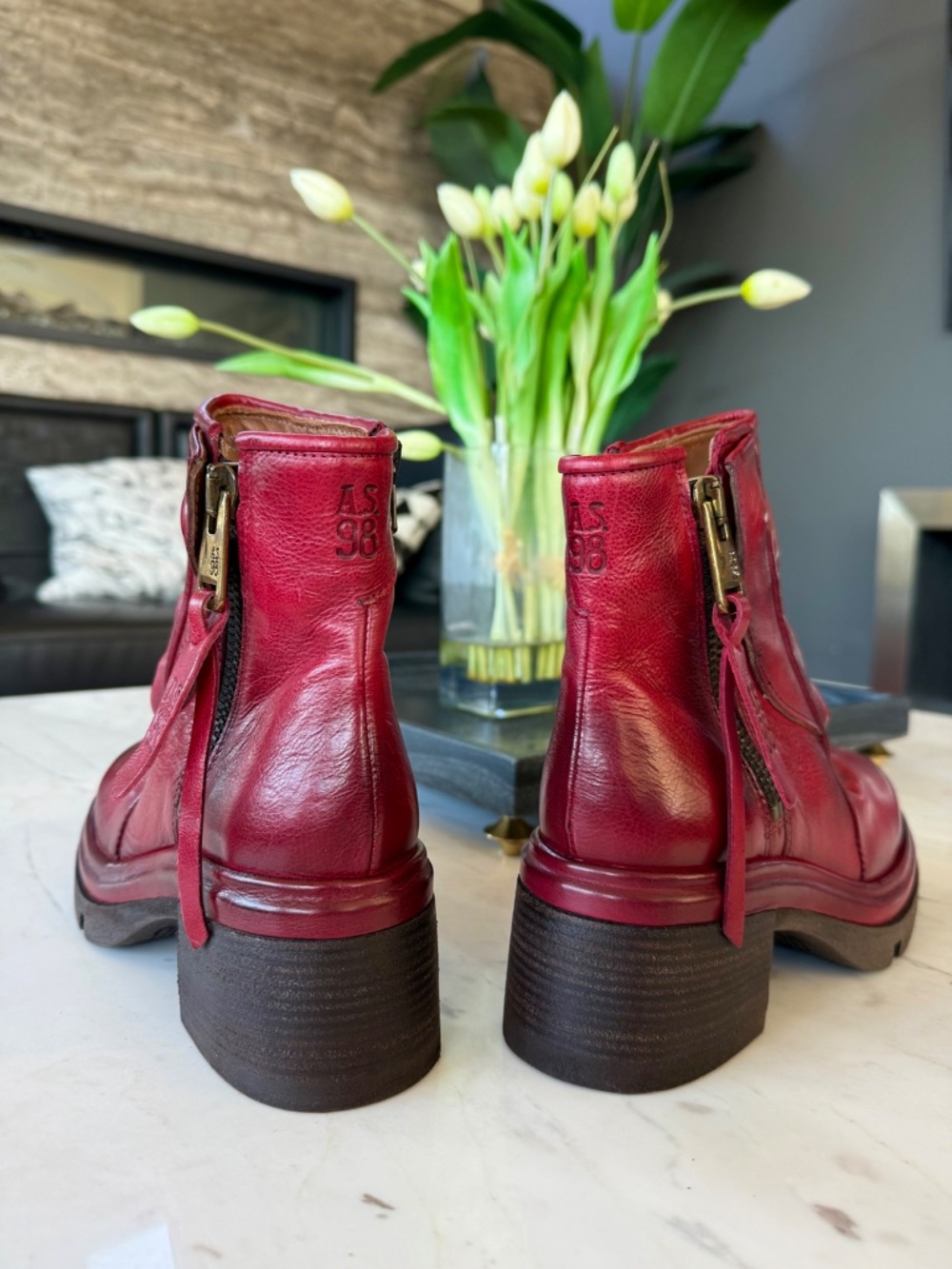 New A.S.98 Eire Ankle Zip Leather Boots Red - Picture 2 of 16